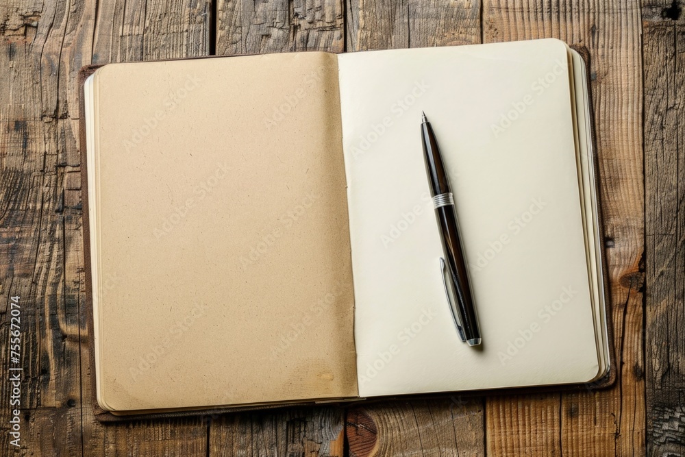 Open notebook and pen on wooden table, study, organization and planning concept. Open notebook and pen on wooden table, study, organization and planning concept.