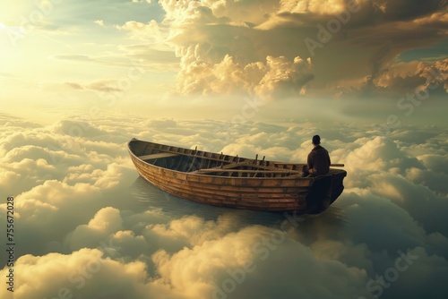 Old wooden boat with person inside, clouds in the background. photo