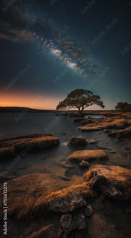 Tree Standing on Rocky Beach Under Night Sky Tree Standing on Rocky Beach Under Night Sky
