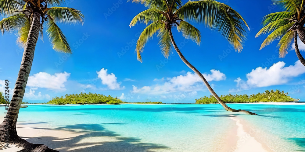 Naklejka premium Sea stretches alongside a long white beach, where a gracefully curved palm tree sways in the breeze.