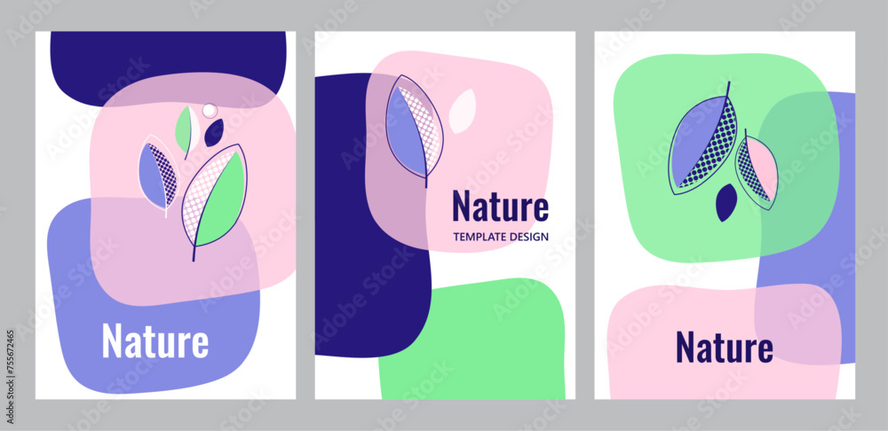 Set of vector illustrations with colorful abstract leaves and geometric shapes. Fashionable design templates, modern style. Useful for cover, flyer, poster. Vector