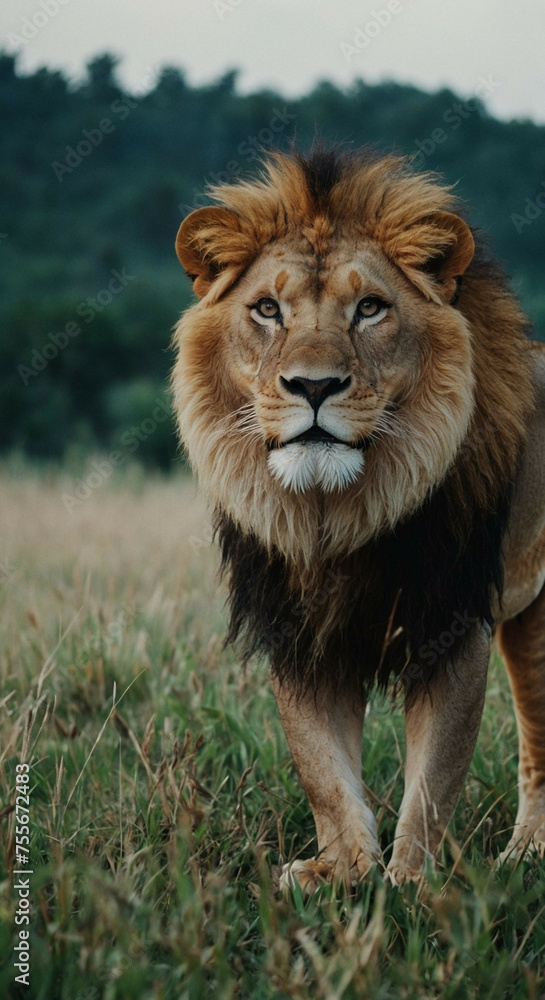 Lion Walking Across Lush Green Field Lion Walking Across Lush Green Field