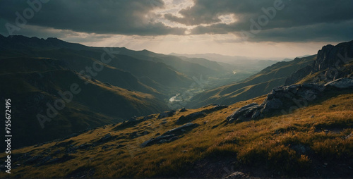 Sun Shines Through Clouds Over Mountains