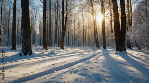 Sun Shines Through Snowy Forest Trees