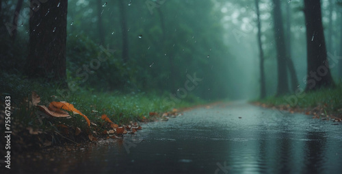 Rainfall on a Forest Path During a Tranquil, Misty Morning