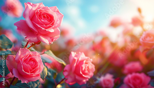 Fototapeta Naklejka Na Ścianę i Meble -  Pink rose flowers on a edge beautiful rose bush in flowers garden at the morning with clear blue sky background in summertime