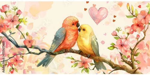 Lovebirds on a Branch: A charming illustration of two birds perched on a blooming tree branch, surrounded by delicate flowers and a heart-shaped 