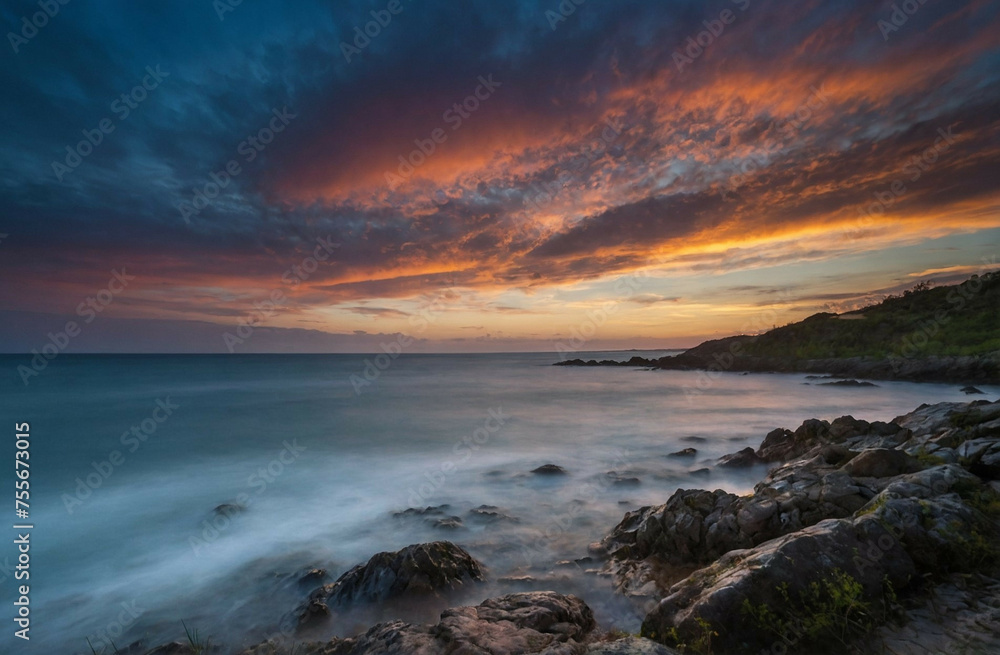 Sun Setting Over Ocean With Rocks and Water Sun Setting Over Ocean With Rocks and Water