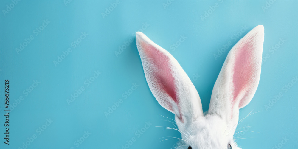 Easter rabbit, white and pink bunny ears on empty blue background with copy space, decoration for seasonal holiday, invitation card - obrazy, fototapety, plakaty 