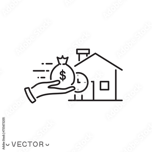 home loan icon, estate mortgage, payout house credit, save money, thin line symbol isolated on white background, editable stroke eps 10 vector illustration