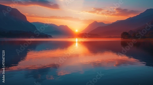 A breathtaking sunrise over the serene waters of a tranquil mountain lake #755673220