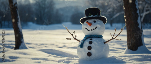 Snowman With Hat and Scarf Standing in Snow © @uniturehd
