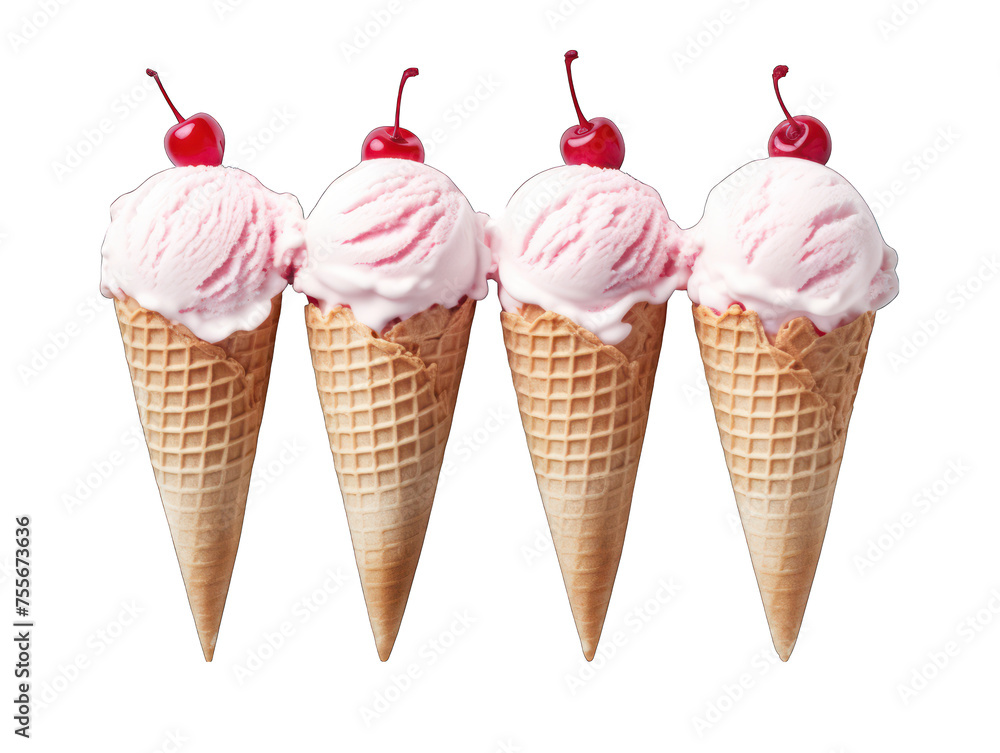 set of cherry ice cream in a cown isolated on transparent background, transparency image, removed background