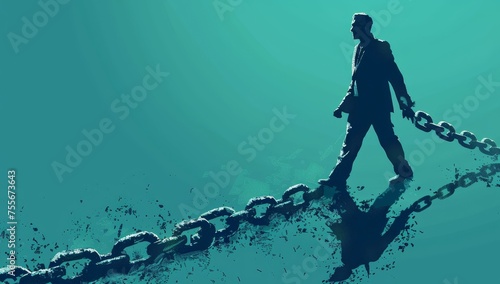 A man in a suit is walking on the chain, breaking free from chains