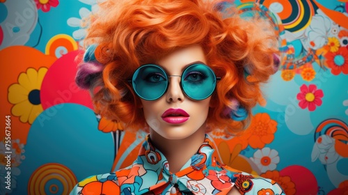 Eccentric woman on background in vibrant colors. Fashion shoot