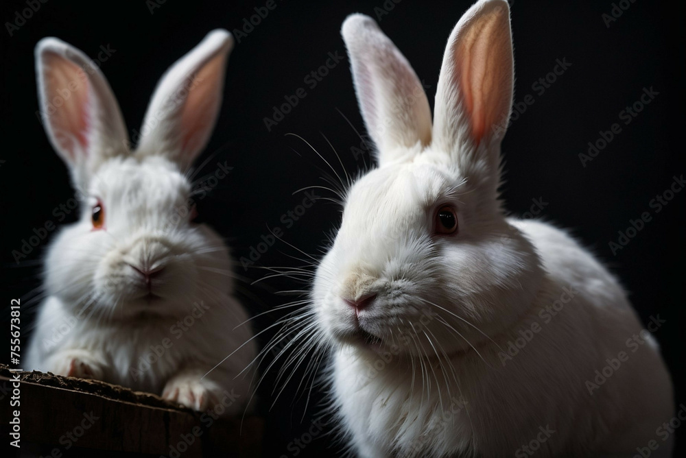 Obraz premium Two White Rabbits Sitting Together