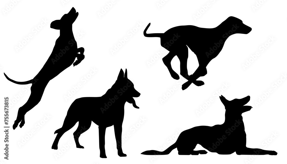 Set of Dogs Silhouettes, Collection, Black, Pose, Isolated, Jump, Stand, Run, Sit, Animal, Pet, Vector Illustration