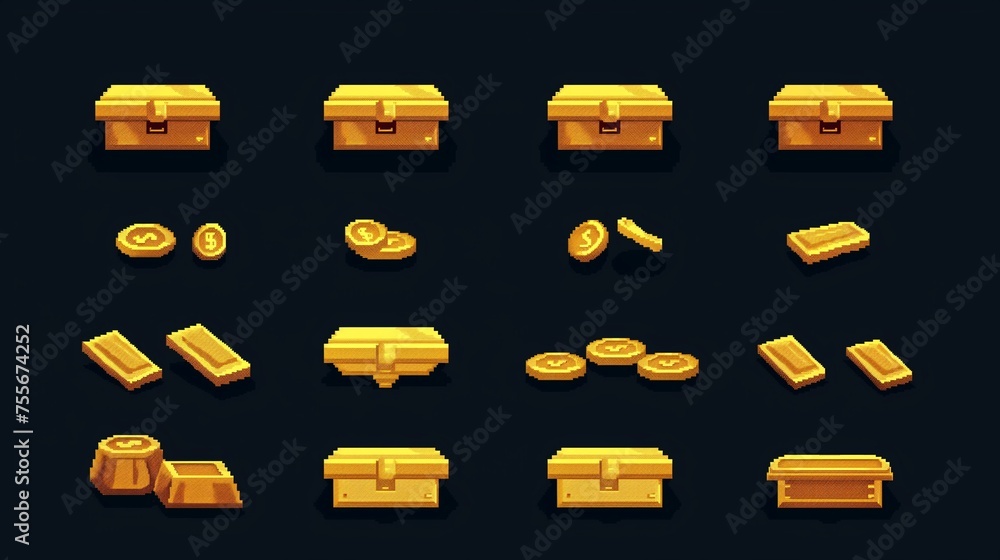 (16) pixel art gold coins and bars with a shining surface, reminiscent ...