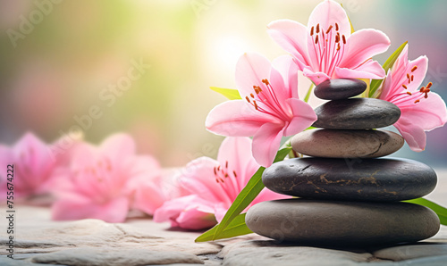 Spa still life with zen stones and flowers  yoga meditation concept illustration background