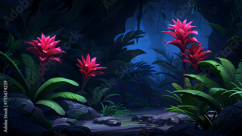 Enchanted Night  Tropical Jungle with Luminous Flowers