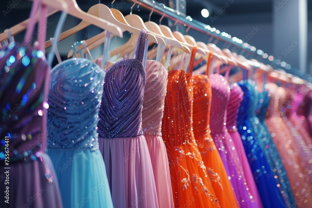 A rack of prom dresses in various colors and styles, including silver, orange, teal blue, purple, hanging on hangers at the entrance to an event venue.  - obrazy, fototapety, plakaty 