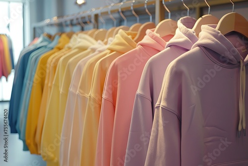 A rack of hoodies in pastel colors, showcasing the latest fashion trends for spring and summer.