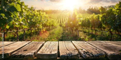 Wooden table in vineyard, Sunny day in nature. Template for product presentation 