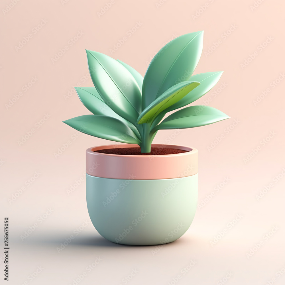 Cute green plants in flower pot 3D illustration, gardening home concept element Cute green plants in flower pot 3D illustration, gardening home concept element