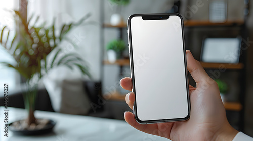 Business man hand holding white blank mobile phone in office