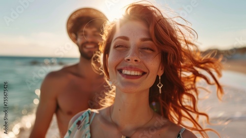 Two smiling young people enjoy a sunny day at the beach