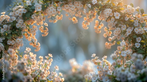 an archway filled with white flowers, in the style of bokeh panorama, light white and light gold, large format