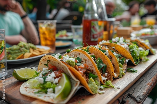 A wooden board with tacos on an outdoor table, surrounded by Mexican food and drinks in the background. 
