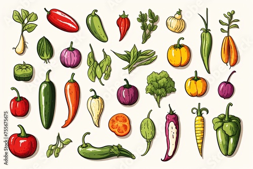 Fresh vegetables doodle line art icon set and Hand drawn healthy food clipart illustration on white background