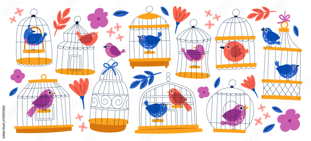 Cute birds characters inside decorative cages, flying out or sitting on grid box of different shapes Cute birds characters inside decorative cages, flying out or sitting on grid box of different shapes
