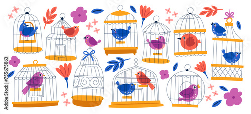 Cute birds characters inside decorative cages, flying out or sitting on grid box of different shapes