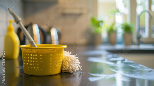 Kitchen cleaning. Brush and basket on kitchen surface. Copy space. 