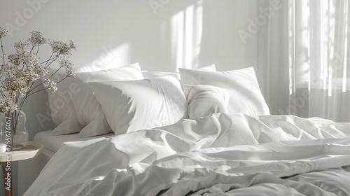 Comfortable bed with soft white pillows and linens near window in room. Copy space.