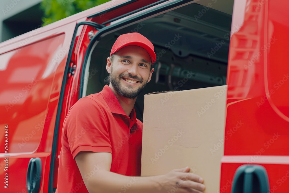 Happy deliverer carrying packages while making home delivery to his customer. Portrait of smiling courier in front of cargo van delivering package Happy deliverer carrying packages while making home delivery to his customer. Portrait of smiling courier in front of cargo van delivering package
