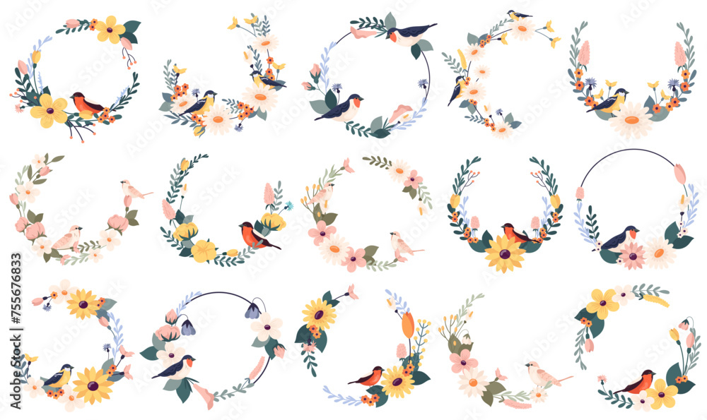 Round elegant romantic flower frames with beautiful birds isolated set vector illustration Round elegant romantic flower frames with beautiful birds isolated set vector illustration