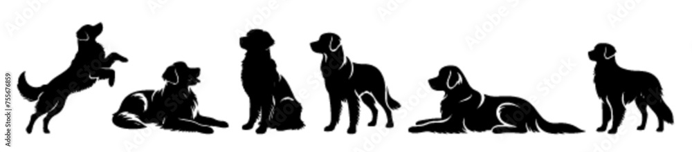 Golden Retriever Silhouettes Set Vector - Diverse Poses in Black and White. 
A set of six silhouettes of Golden Retrievers