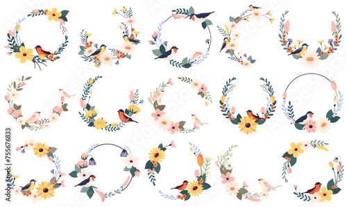 Round elegant romantic flower frames with beautiful birds isolated set vector illustration photo