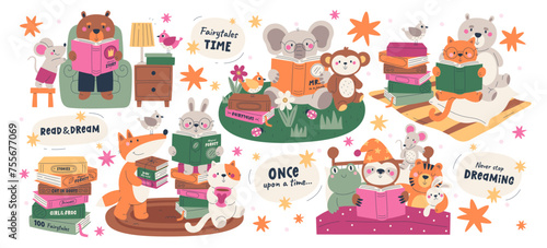 Cute animal characters reading books enjoying fairytale time together set vector illustration