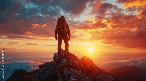 A hiker standing alone on top of a mountain at dusk