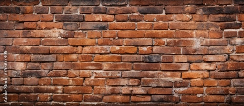 A red brick wall with visible gaps where the mortar should be  creating a textured background. The bricks are stacked neatly and are of uniform size.
