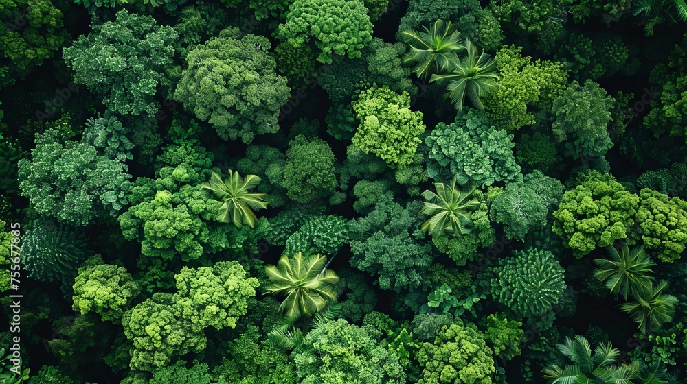 Drone aerial view of a green forest, natural green background
