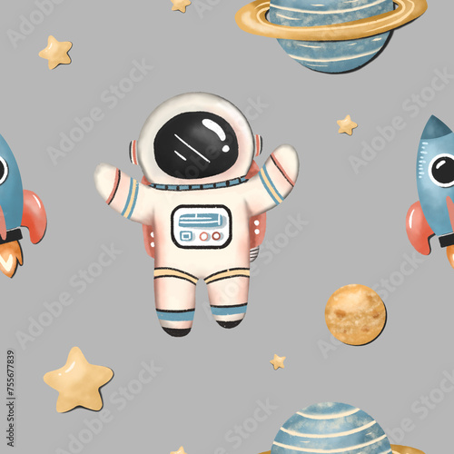 Adorable Astronaut & Rockets watercolor Seamless Pattern