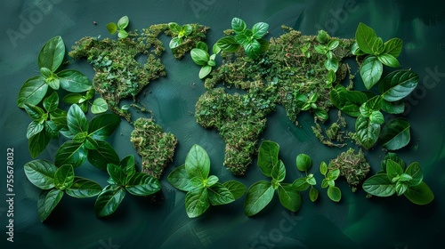 A planet made from green leaves and branches. An ecologically friendly poster. Think Green. Ecology Concept. Top view. Flat lay. Anti-pollution poster. Earth Day. photo