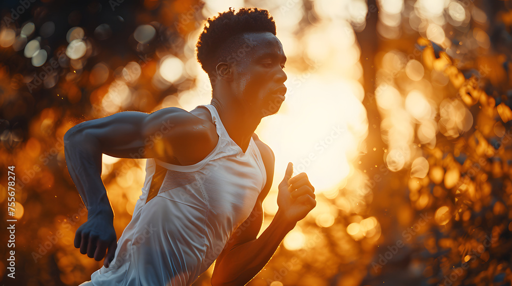 Action movement photo, a male sprinting determined athlete, natural sunlight pouring in