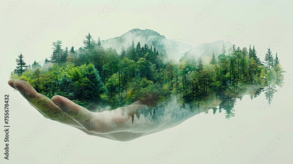 A silhouette hand combined with a photograph of a forest mountain landscape. Abstract, conceptual. Nature, ecology, environment. Save the planet. - obrazy, fototapety, plakaty 