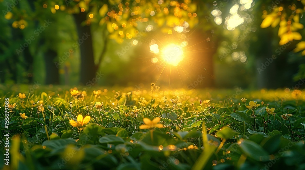 During spring, nature landscape in the park. Landscape with a forest on the background at sunset. Blurred copy space by the nature background. Low focus depth by the nature park. Ecology environment.
